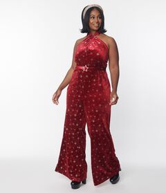 Smak Parlour Red & Silver Star Velvet Draped Darling Jumpsuit
