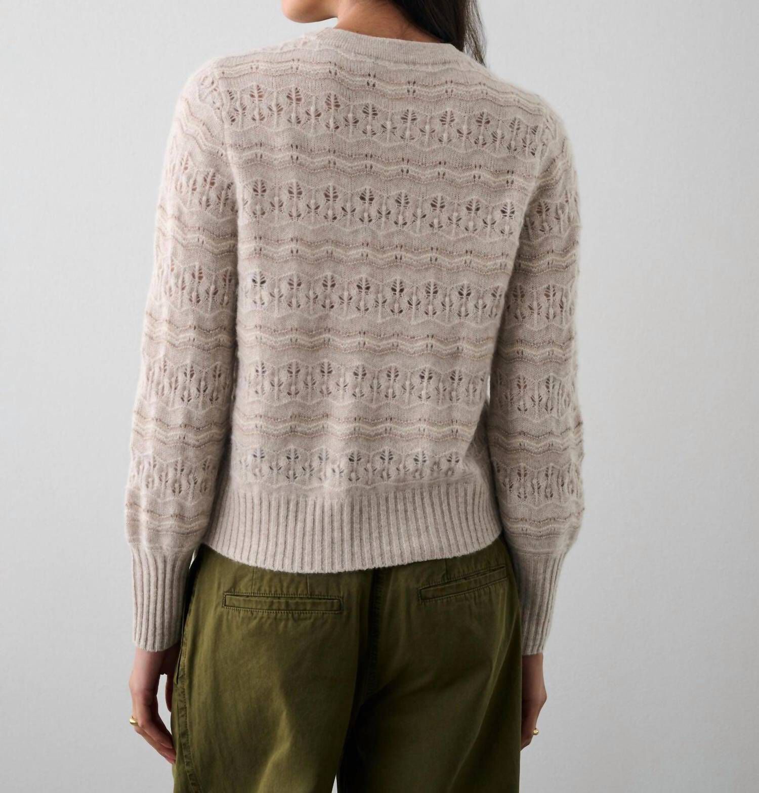 CASHMERE LACE STITCH CREWNECK IN NEUTRAL COMBO, , alternate image number 9