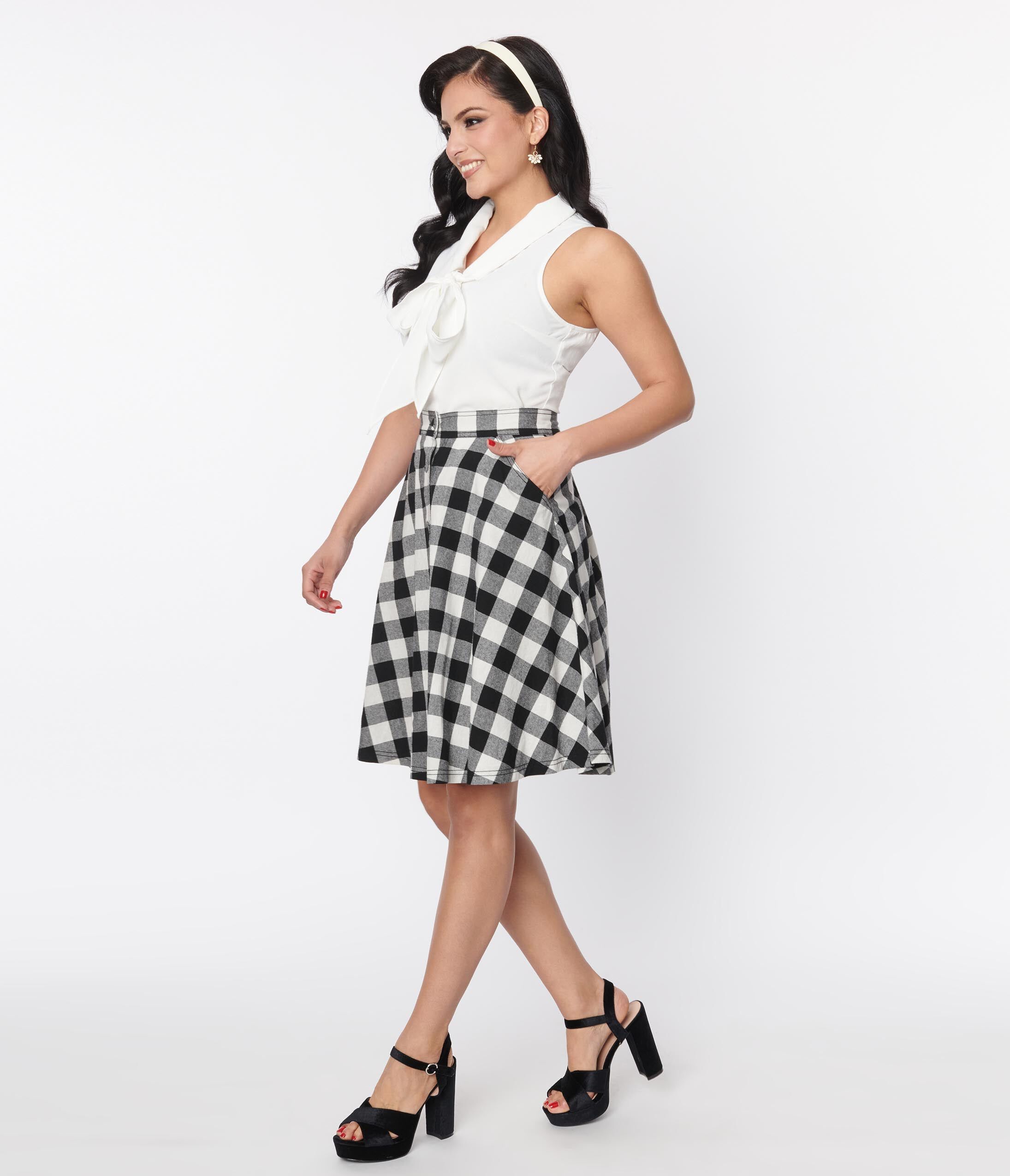 Unique Vintage Black White Gingham Swing Skirt Dia Co