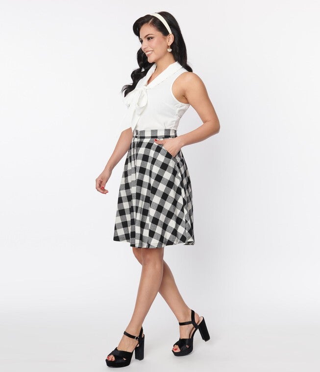 Unique Vintage Black & White Gingham Swing Skirt, Black Gingham / Black, alternate image number 3