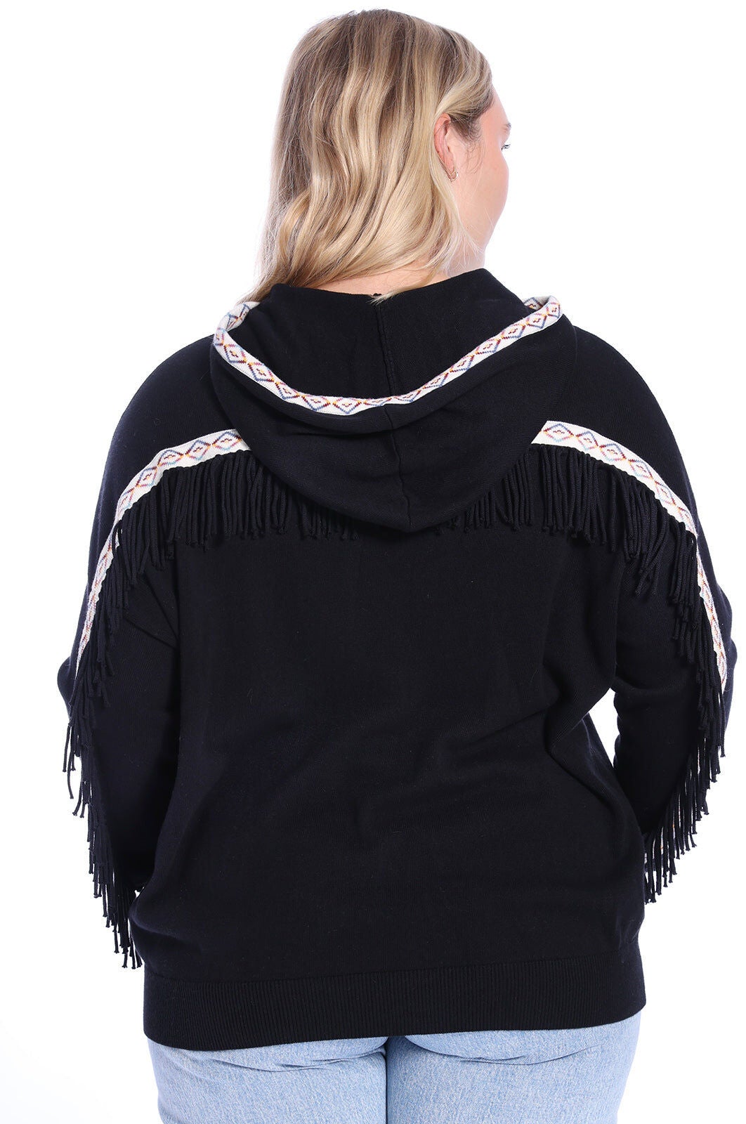 Cotton Cashmere Embroidered Fringe Hoodie, Black / Black, alternate image number 1