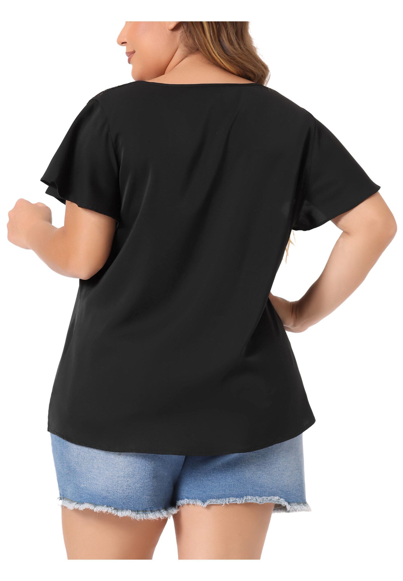 Chiffon Shirt Summer Lace V Neck Flare Sleeve Casual Work Top, Black / Black, alternate image number 3