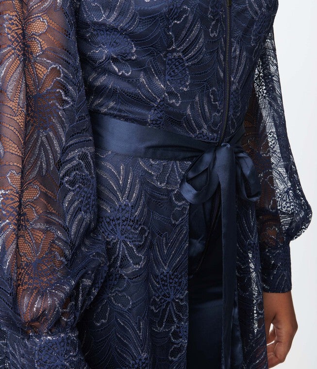 Unique Vintage Navy Sparkle Lace Jumpsuit & Skirt Overlay, NavyFloral / Navy, alternate image number 1