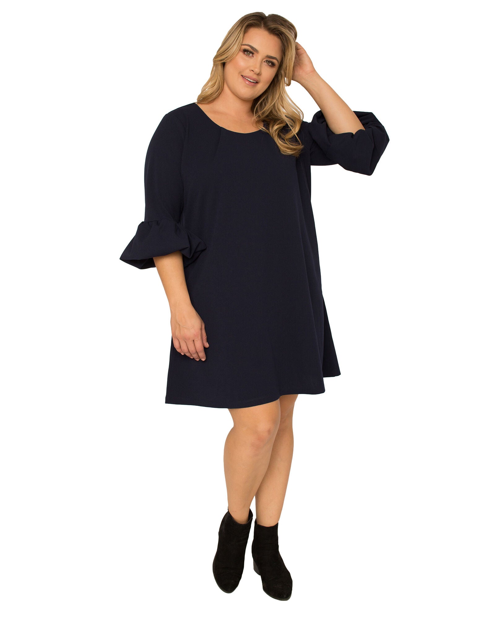 Plus Size Women&#39;s Crepe Knit 3/4 Balloon Sleeves Midi Shift Dress, , alternate image number 7