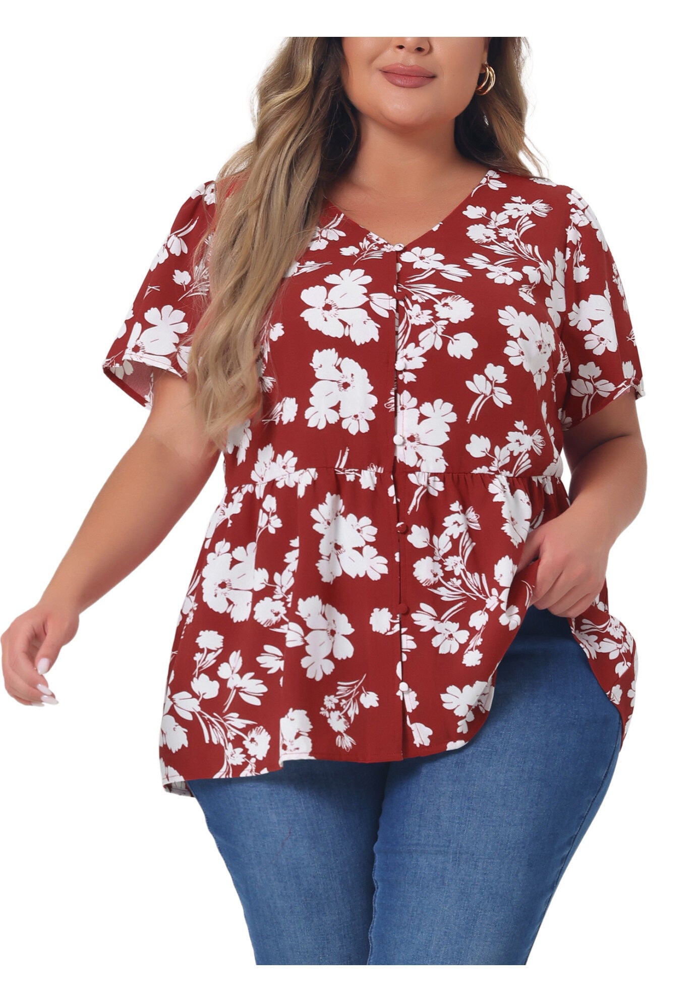 Chiffon Shirt V Neck Ruffle Short Sleeve Floral Peplum Top, Red / Red, alternate image number 2