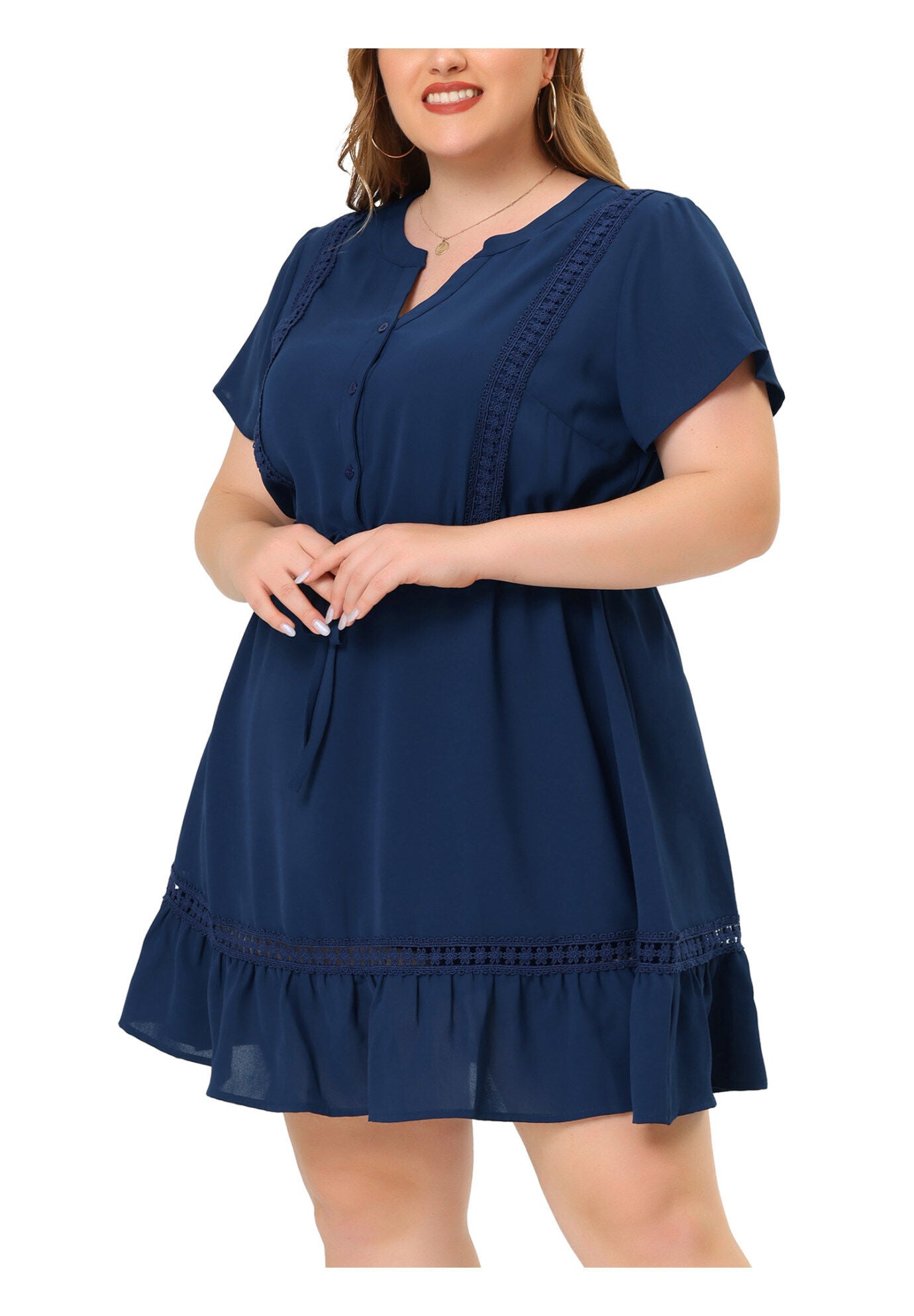 Button V Neck Summer Midi Ruffle A Line Swing Dress, Navy Blue / Navy, alternate image number 2