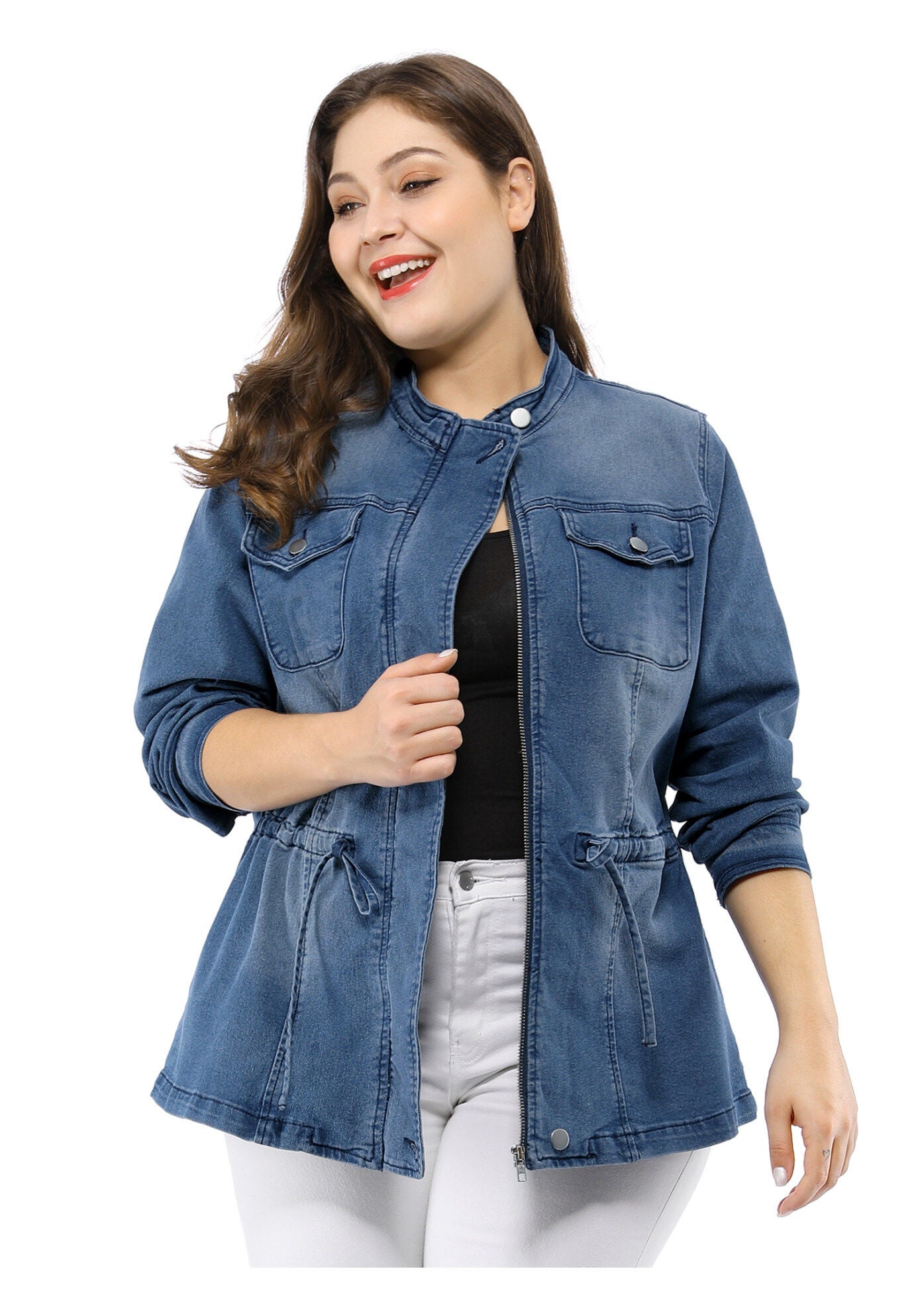 STRETCH STAND COLLAR ZIP DRAWSTRING DENIM JACKET, Blue / Azure Blue, hi-res image number 0