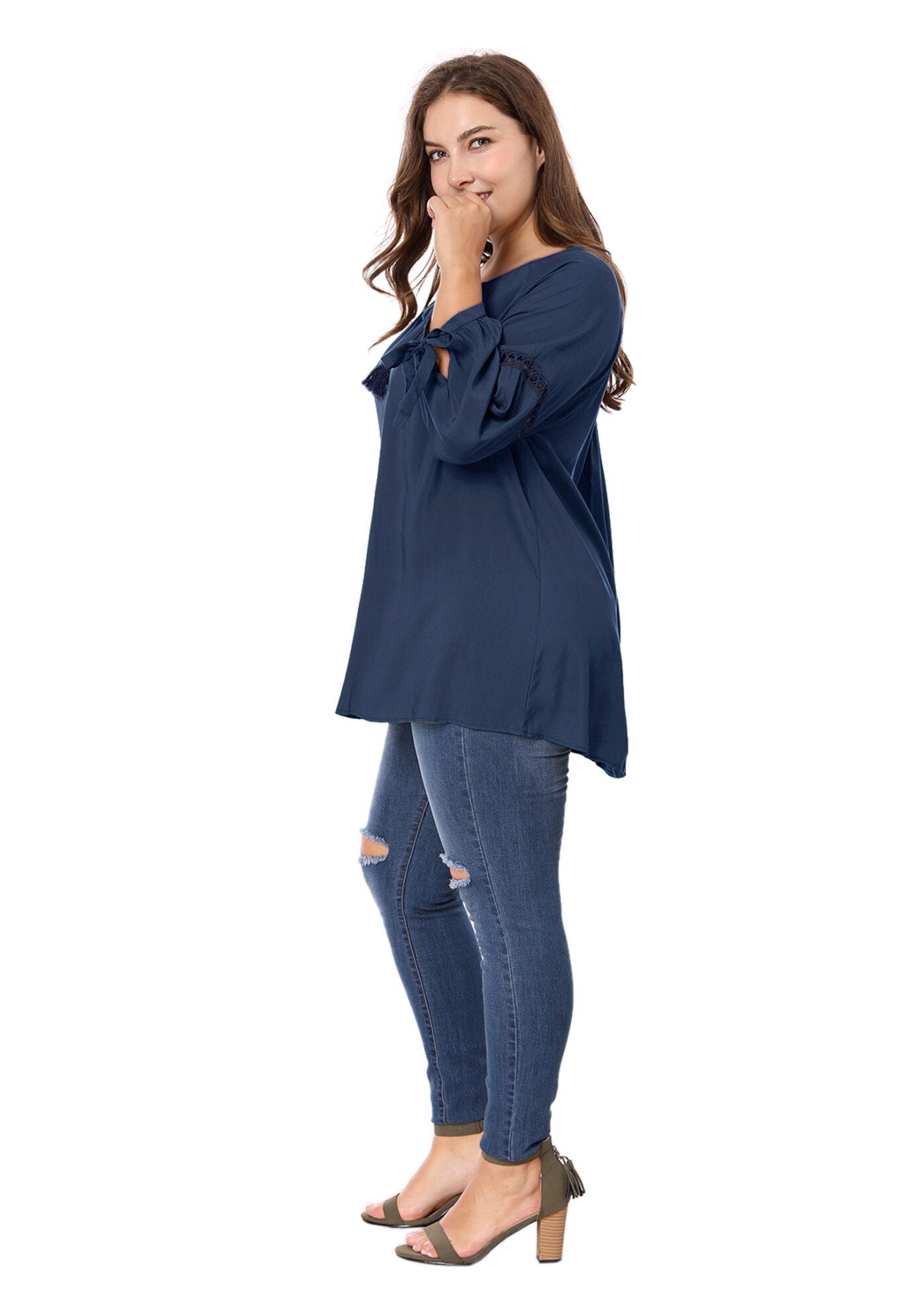 RAGLAN SLEEVES HOLLOW OUT TIE NECK PEASANT TOP, Navy Blue / Navy, alternate image number 3