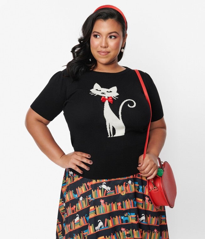 Unique Vintage Black & White Cat Sweater, BlackCat / Black, hi-res image number null