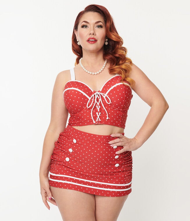 Unique Vintage Red Pin Dot Lace Up Swim Top, Red Pin Dot / Red, hi-res image number 0