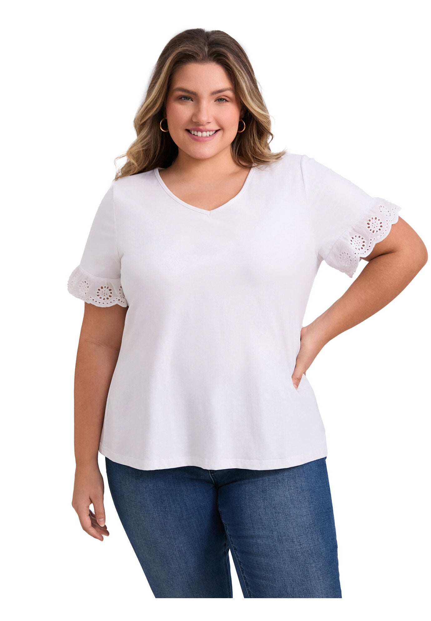 Eyelet Embroidered Lace Short Sleeve Blouse V Neck Top, White / White, hi-res image number 0