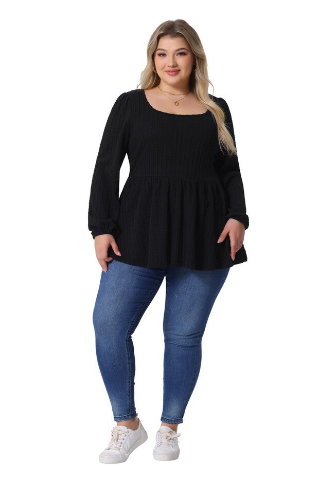 Scoop Neck Long Sleeve Ruffle Hem Peplum Knit Blouse, Black / Black, hi-res image number 0