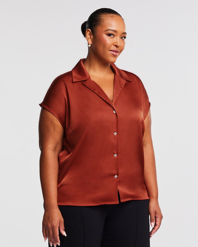 Amber Satin Button Up Shirt, Rust / Red, alternate image number null