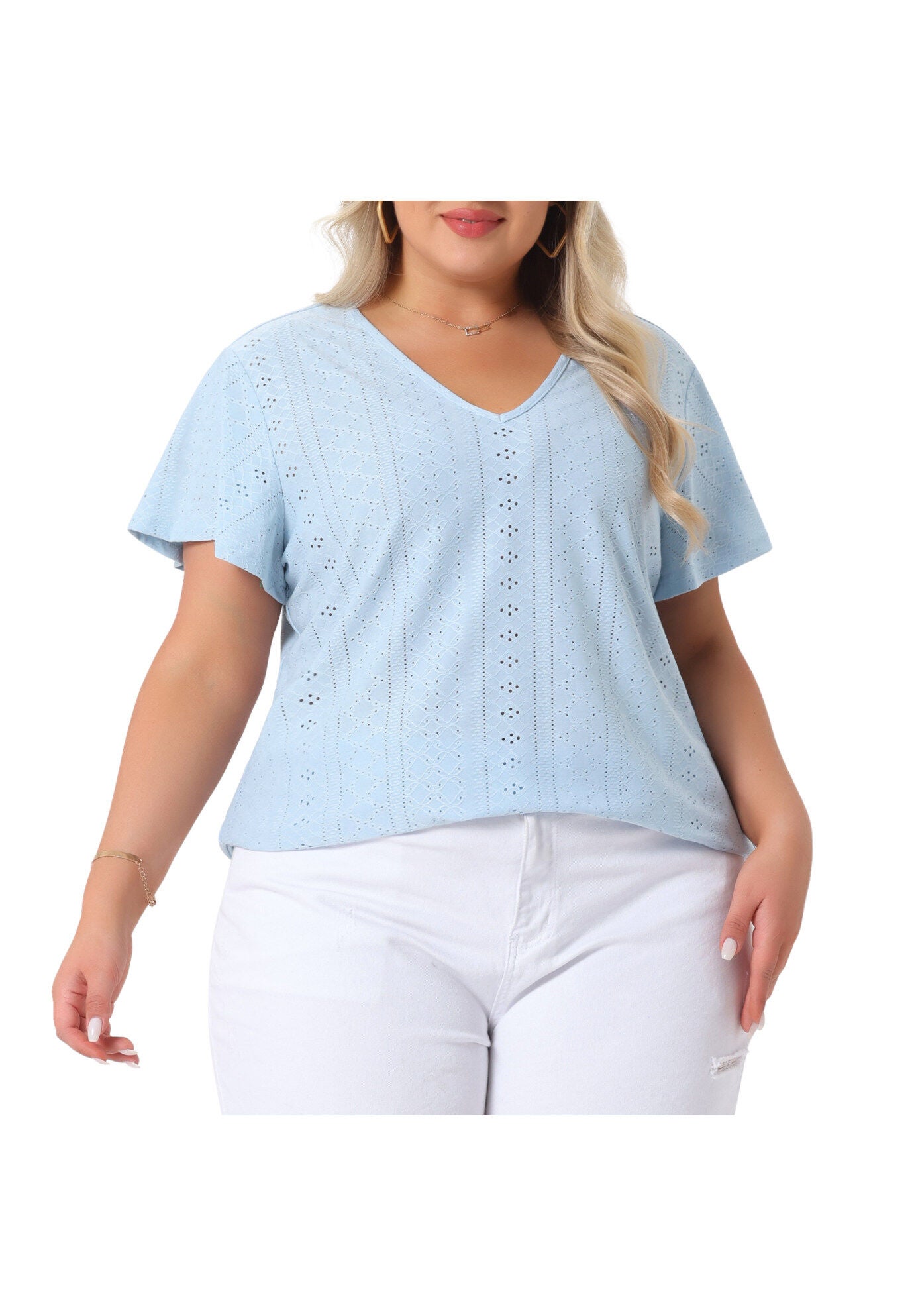 Summer Tee V Neck Hollow Flare Short Sleeve Casual Top Tunic, Light Blue / Light Blue, alternate image number 1