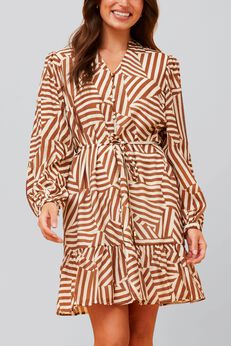 Sylvana Dress Long Puffy Sleeve Geo Print