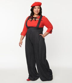 Unique Vintage Black & White Pin Dot Rochelle Suspender Pants
