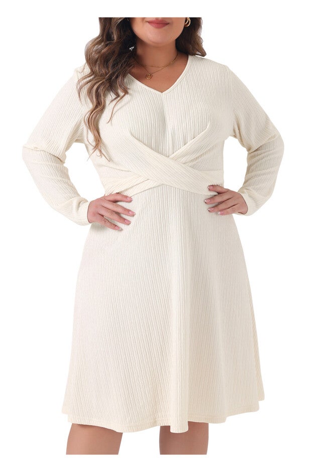 Long Sleeve Elegant Knitted Criss Cross V Neck Sweater Midi Dress, Beige / Beige, alternate image number 2