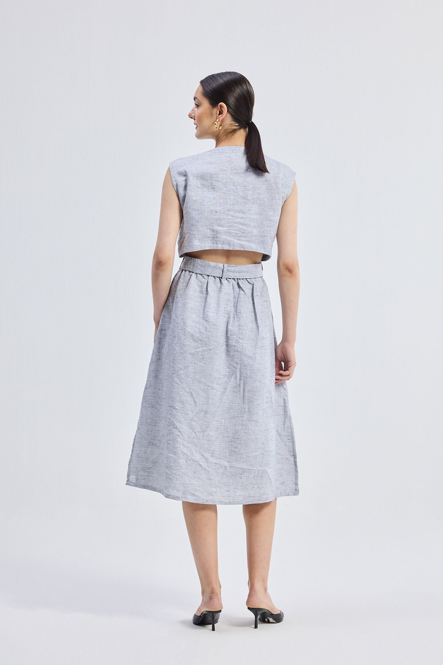 Back Cut Out Linen Dress, Pin striped Linen / Cool Gray, alternate image number 1