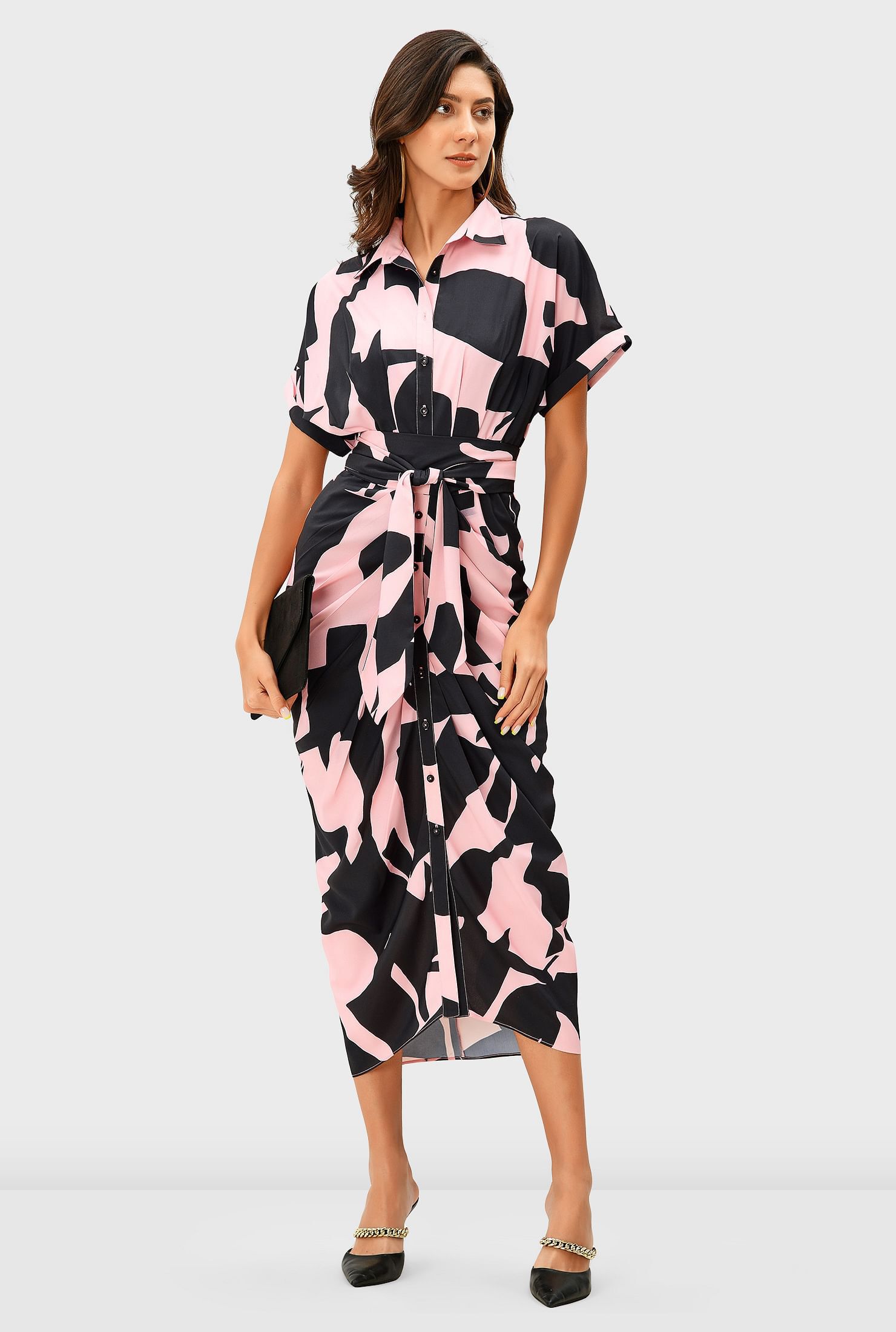 Abstract Print Crepe Pleated Sheath Shirtdress, , alternate image number 6