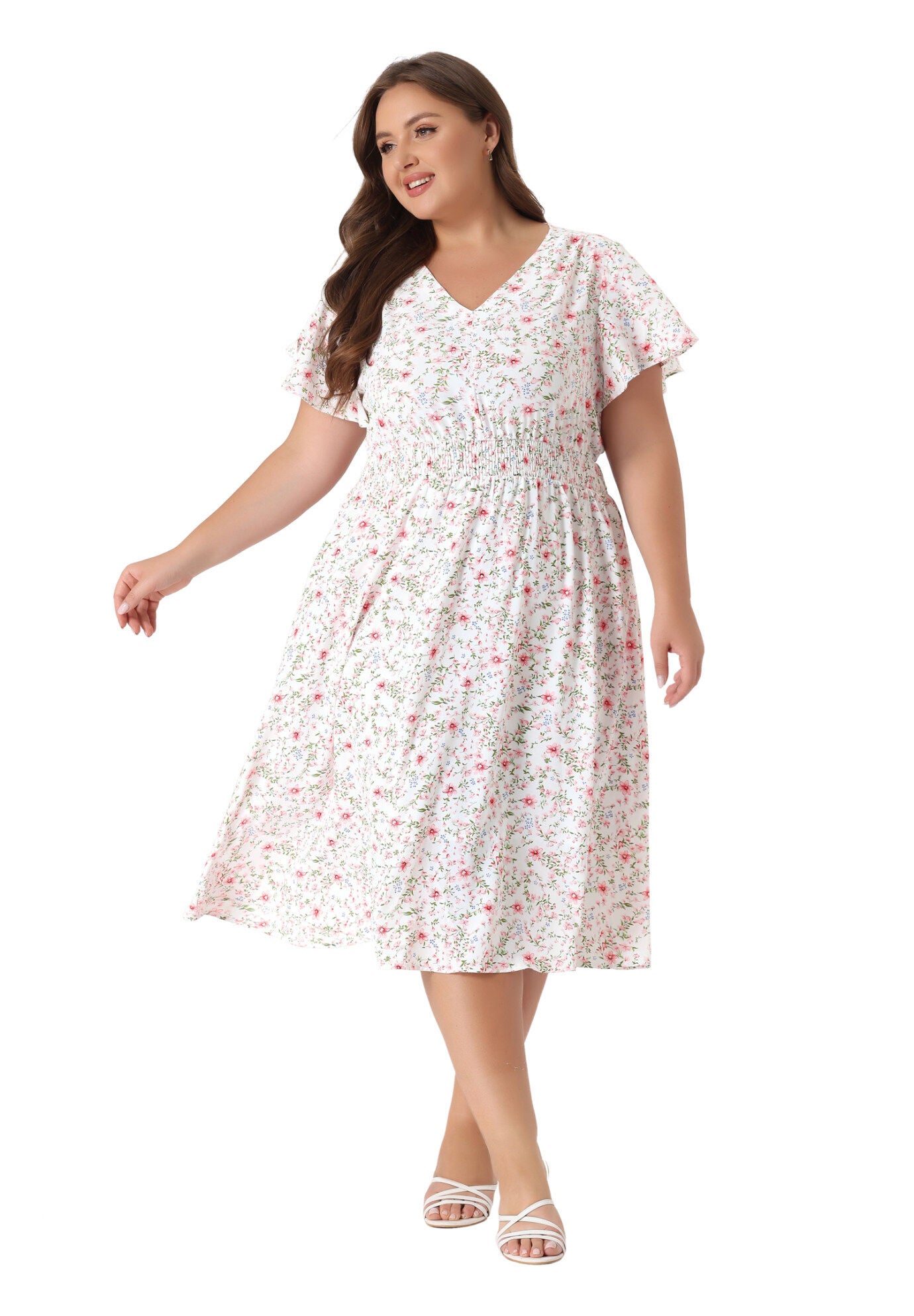 Summer Floral Print V Neck Smocked A-Line Flowy Midi Dress, White / White, hi-res image number 0