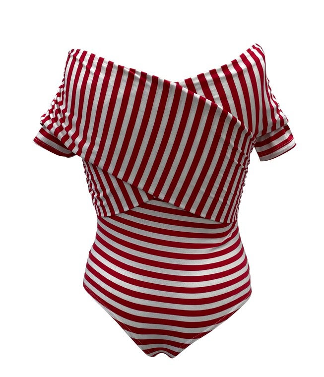 Unique Vintage Red & White Striped Off Shoulder Daydreamer Bodysuit, , alternate image number null
