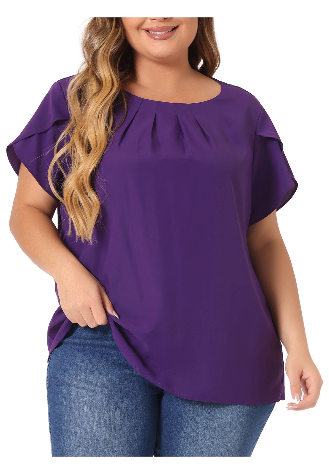 Round Neck Pleated Top Tulip Sleeves Blouse Top, Purple / Purple, alternate image number 2