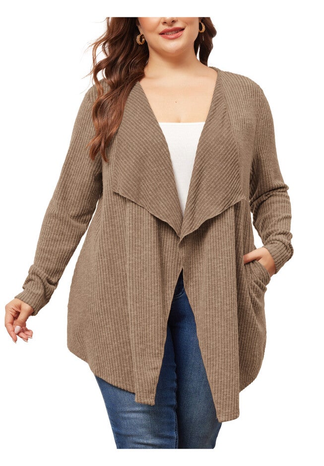 OPEN FRONT IRREGULAR HEM CARDIGAN WITH POCKETS, Dark Khaki / Brown, alternate image number 2