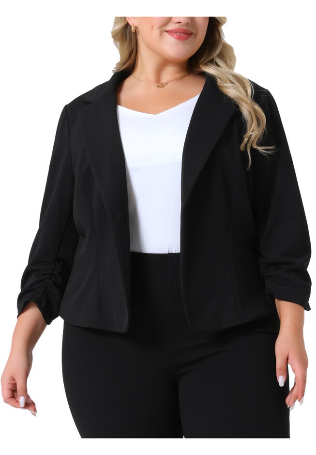 3/4 RUCHED SLEEVE NOTCH LAPEL CROP SUIT BLAZER, Black / Black, alternate image number 2