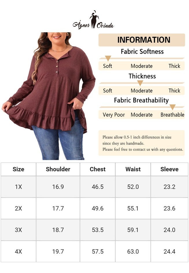 Henley V Neck Ruffled Hem Flowy Blouse Tunic, Burgundy / Red, alternate image number 4