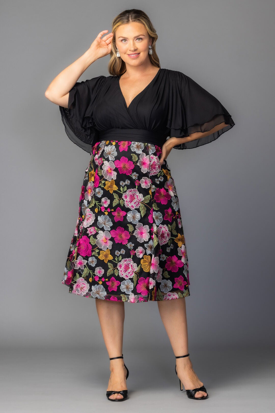 Lillian Embroidered Cocktail Dress, Vibrant Floral Frolic / Black, alternate image number 4