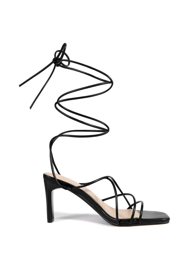 Square Toe Chunky Heel Wrap Up Strappy Sandals, Black / Black, alternate image number 1