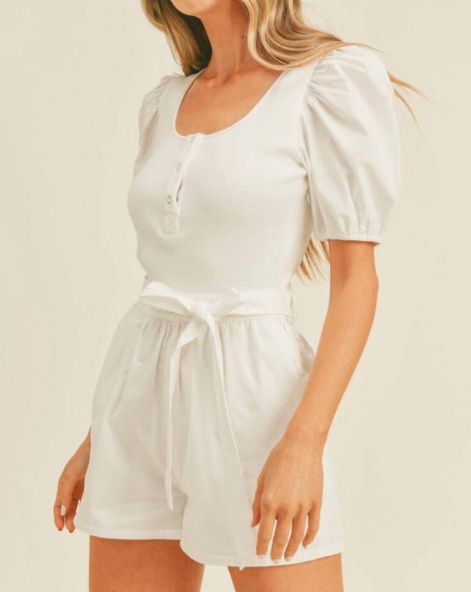 PUFF SLEEVE ROMPER IN WHITE, White / White, alternate image number 1
