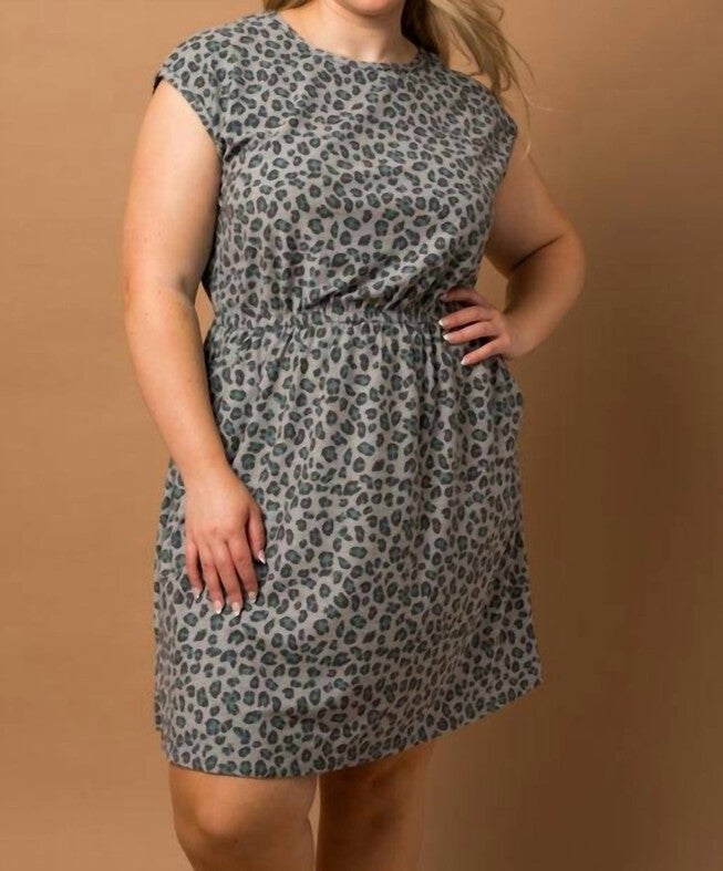 JADE CHEETA DRESS IN GREY AND JADE PRINT, Grey And Jade Print / Black, hi-res image number null