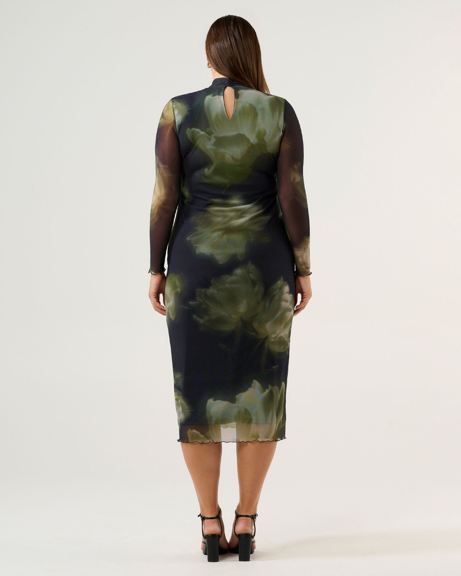 Peace Lily Floral Bodycon Long Sleeve Mesh Dress, BlackMoss / Black, alternate image number 3