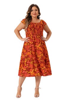 Square Neck Flutter Sleeve Smocked High Waist Flowy Summer Midi Dress