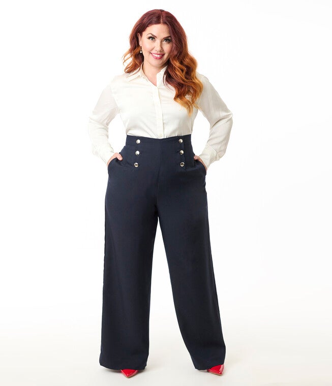 Smak Parlour Plus Size Navy & Silver Button Wide Leg Sailor Pants, Navy / Navy, hi-res image number null
