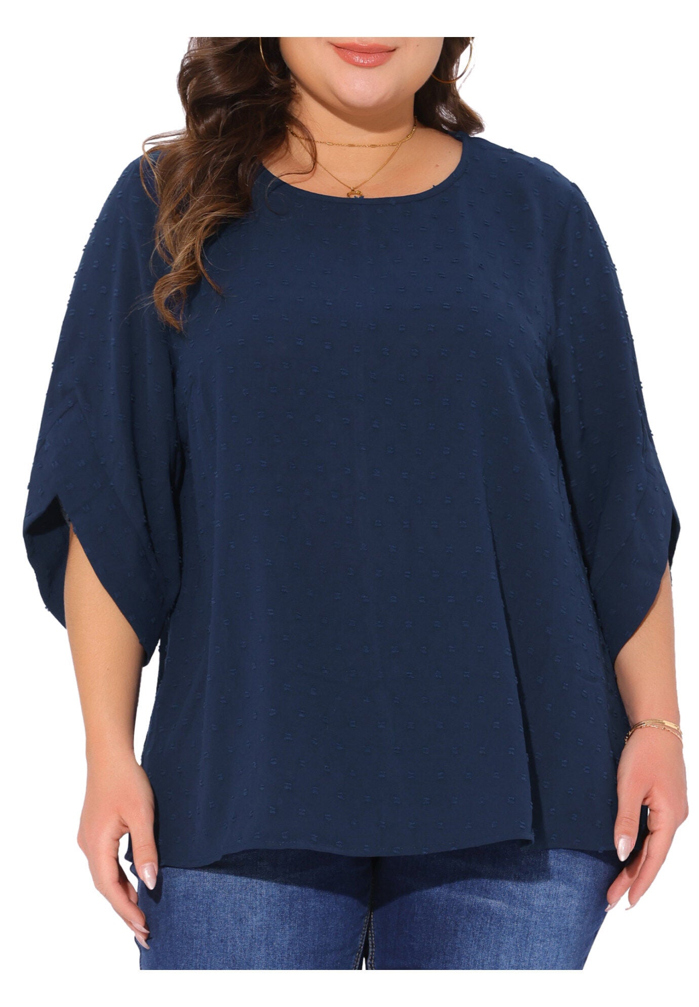 Round Neck Petal Sleeve Swiss Dots Blouse Top, Navy Blue / Navy, alternate image number 3