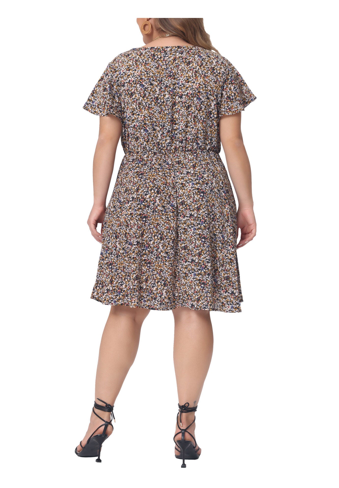 Boho Floral Notched V Neck Ruffle Sleeve A Line Midi Dress, Black / Black, alternate image number 3