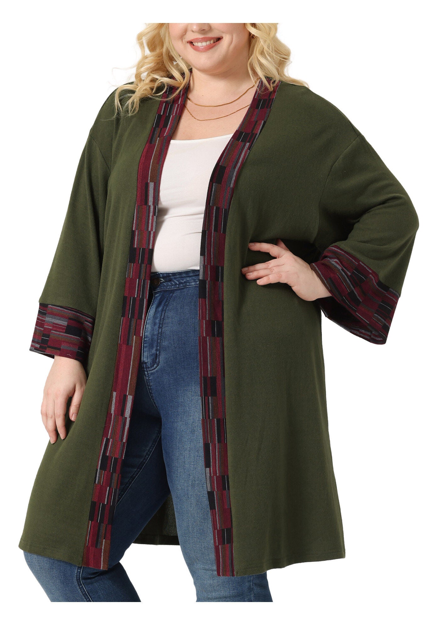 OPEN FRONT BOHO BOHEMIAN KNIT CARDIGAN, Army Green / Olive Green, alternate image number 2