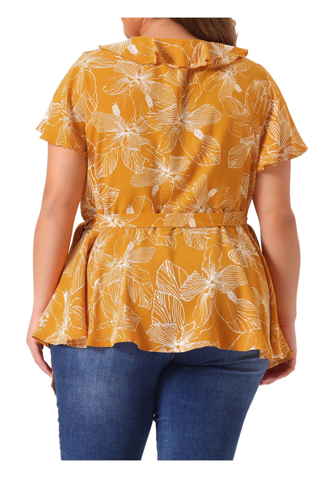Wrap V Neck Tie Waist Ruffle Sleeve Blouse Summer Floral Top, Yellow / Yellow, alternate image number 3