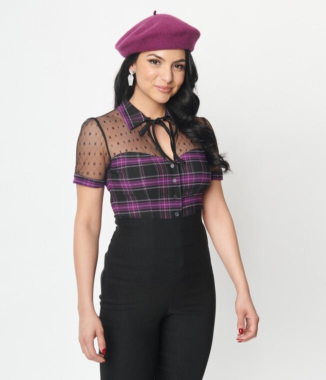 Unique Vintage Purple Plaid Addison Blouse, Purple Plaid / Purple, hi-res image number 0