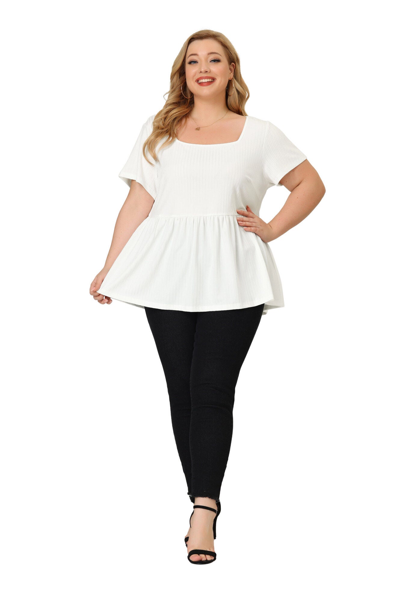 Babydoll Top Summer Peplum Short Sleeve Summer Oversized Tunic Blouse, White / White, hi-res image number 0