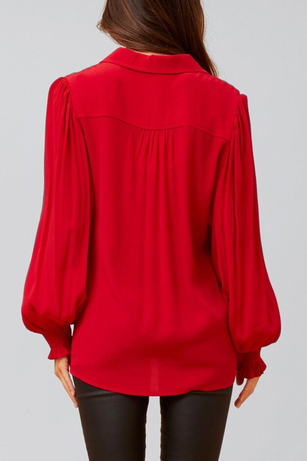 Cindy Shirt Long Puffy Fitted Sleeves Solid, Red / Red, alternate image number 3