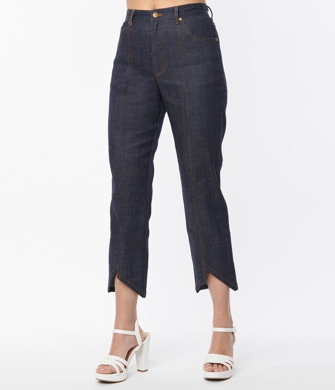 Smak Parlour Dark Denim Notched Capri Jeans, Blue Black / Dark Wash, hi-res image number 0