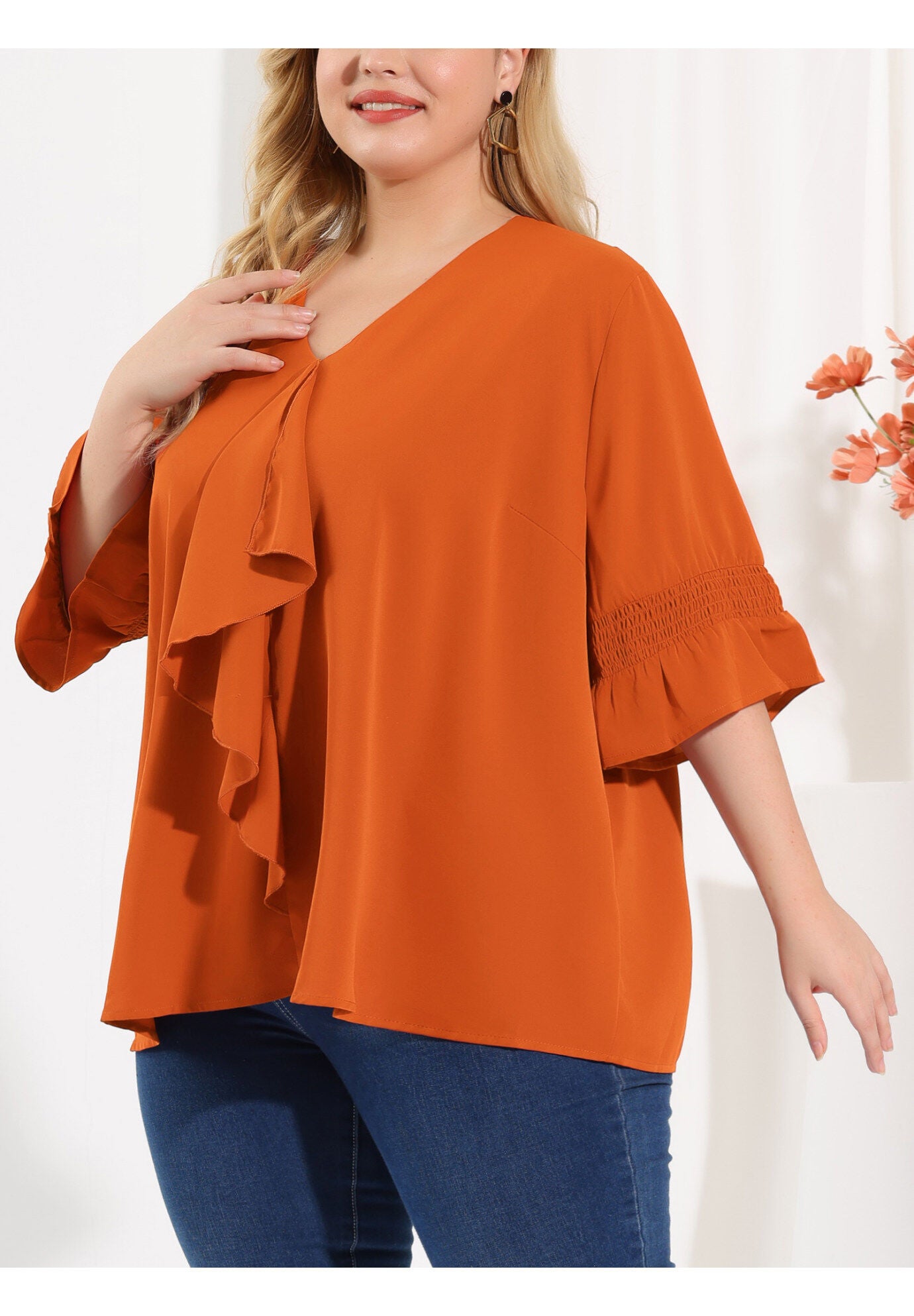 Ruffle Blouse V Neck Smocked Sleeves Top, Caramel / Orange, alternate image number 1