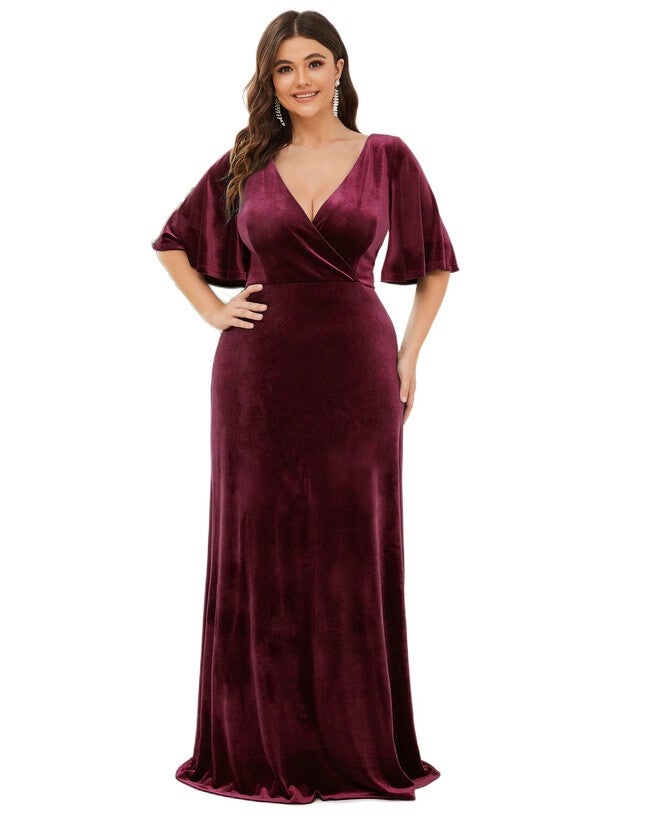 Elegant Double V Neck Velvet Party Dress with Sleeves, Burgundy / Burgundy, alternate image number 3