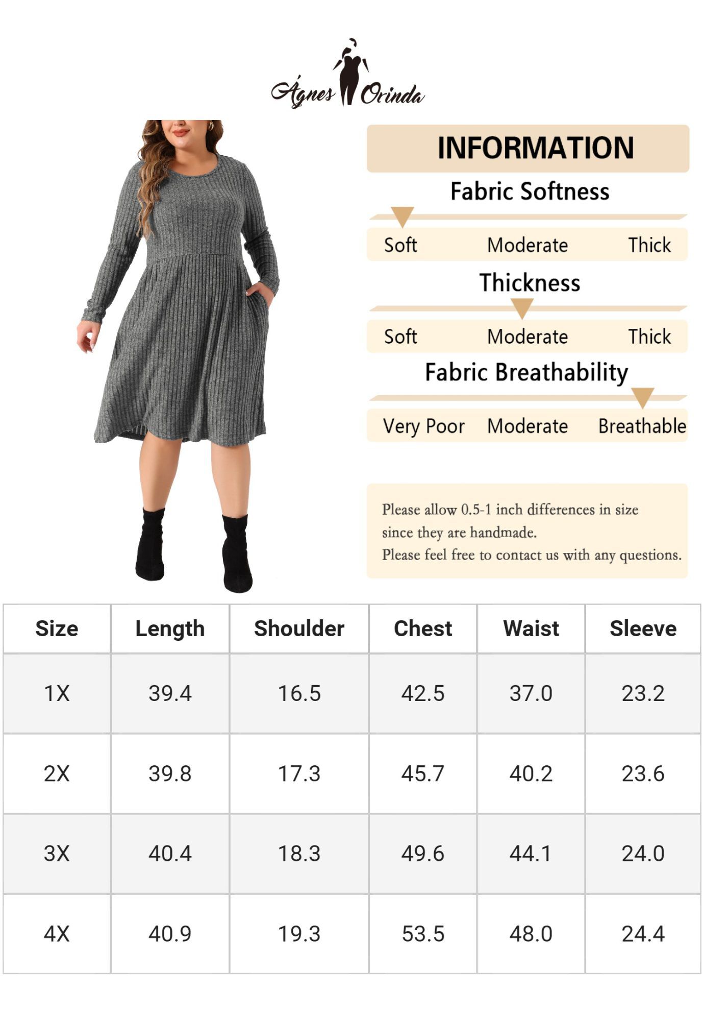Round Neck Long Sleeve Elegant Ribbed Midi Knit Sweater Dress, Gray / Warm Grey, alternate image number 4