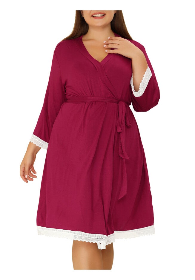 Lightweight Kimono Robes Lace Trim Bathrobe, Burgundy / Burgundy, alternate image number 1