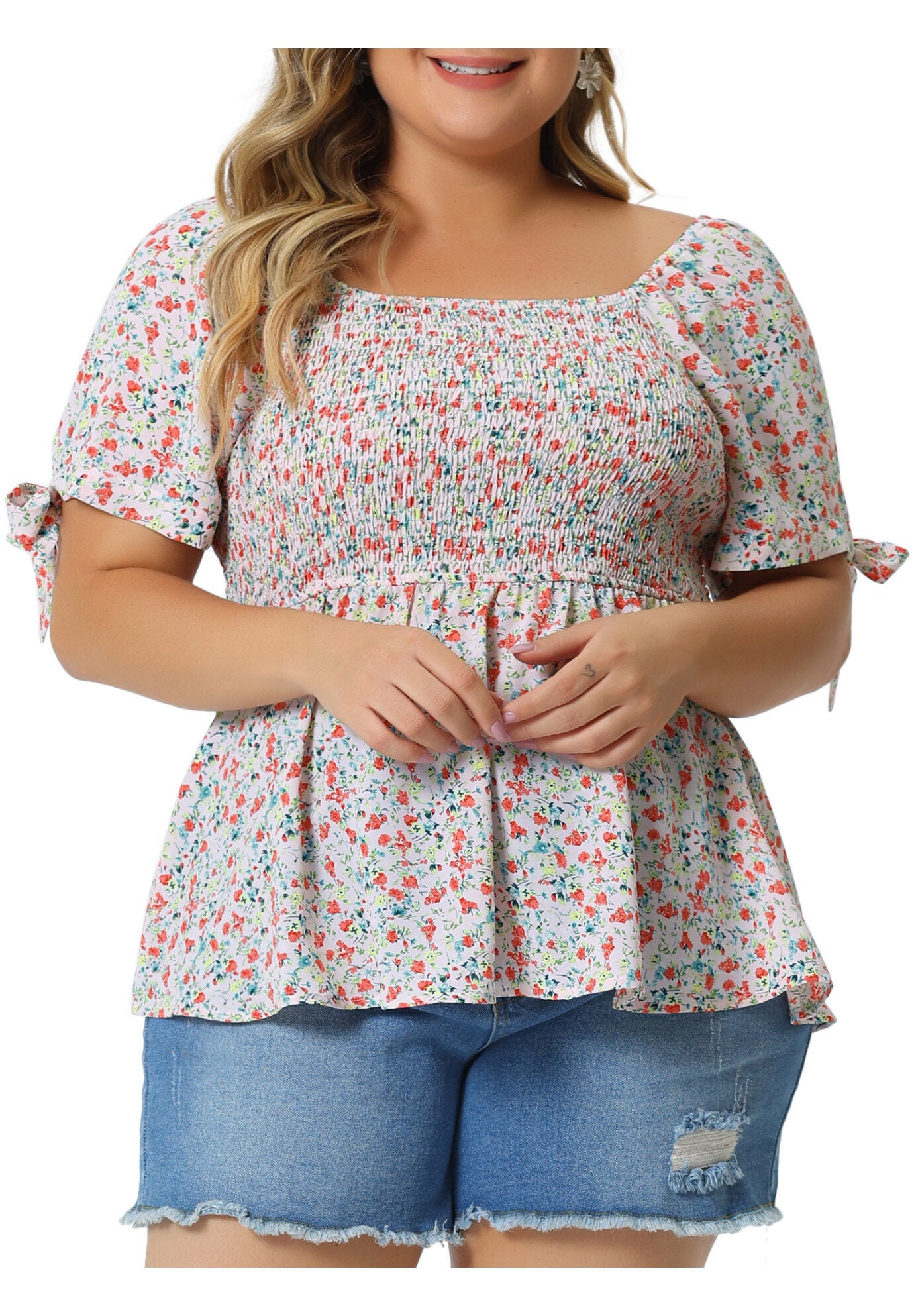 Summer Square Neck Smocked Bow Tie Short Sleeve Peplum Blouse, Pink / Pink, alternate image number 2