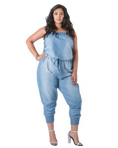 Kimi Light Washed Chambray Strapless Jumpsuits